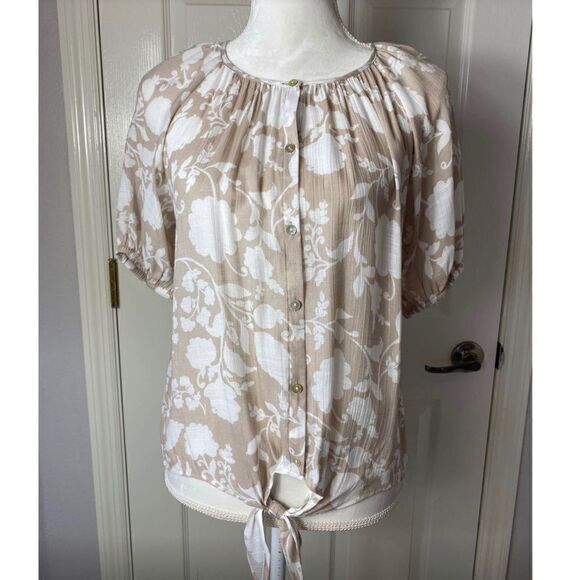 CORAL BAY SMALL Women’s Floral Print Button Down Top with Tie Front - Picture 1 of 9